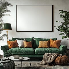 A white wall with an empty black frame, a modern living room interior design in green and bronze tones, featuring a sofa, lamps, a carpet, and a large poster-sized artwork.