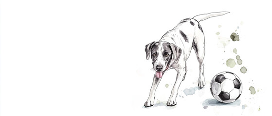 Pointer Dog Joyfully Playing with a Soccer Ball in a Beautiful Watercolor Scene Capturing the Spirit of Fun and Playfulness in Nature's Vibrant Colors