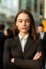 Confident woman in formal attire stands with arms crossed, exudi