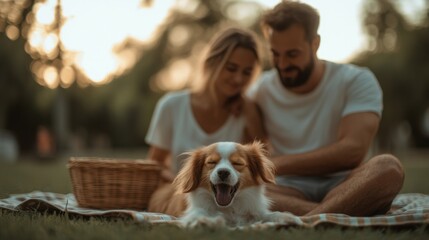 Couple enjoys serene moment outdoors with pet dog, basking in wa