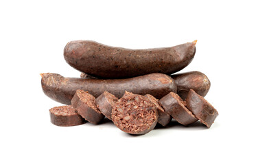 Black pudding isolated, blood sausage kaszanka, traditional Polish terrine, brawn sausages on white