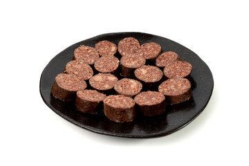 Black pudding isolated, blood sausage kaszanka, traditional Polish terrine, brawn sausages on white