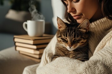 Warm embrace of cozy sweater, content cat resting, steaming cup
