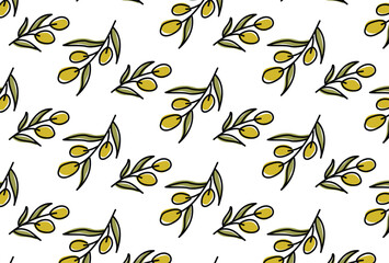Green olive tree branches pattern in doodle style Hand drawn ornament for natural organic cosmetics design