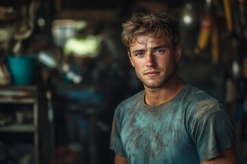 portrait of car mechanic 25 years old man in dirty T-shirt in garage