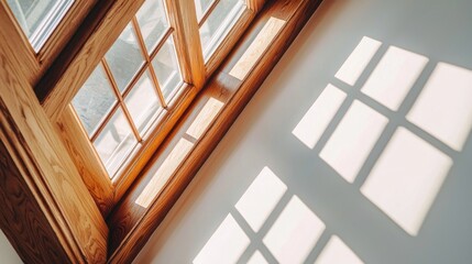 Sunlight streams through a wood window, casting shadows on a wall.