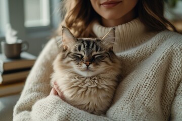 Cozy indoor scene featuring woman holding fluffy cat, exuding wa