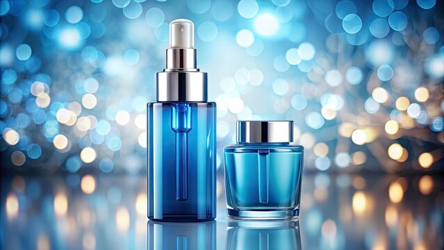 Blue Glass Skincare Bottles, Bokeh Background, Beauty Product Photography, Serum and Cream, Luxury Cosmetics