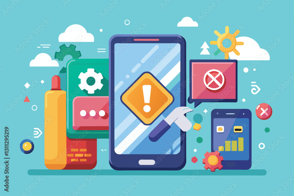 Poster a smartphone displays error messages while various repair tools and notifications surround it, phone