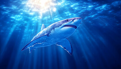 Fototapeta premium Great White Shark swims in ocean with sun rays beaming through the blue water