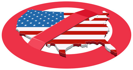 3D map of the United States in the colors of the American flag with a circular red strikethrough prohibition symbol (cut out)	