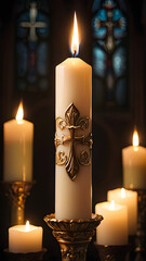 Paschal Candle Close-up. Lit flame, Christian symbols. Soft, warm glow. Symbolizes Christ's light. Peaceful, reverent Easter image.