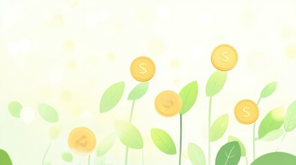Coins growing on stylized leaves.  Bright background.  Illustrative.  For use in education or finance