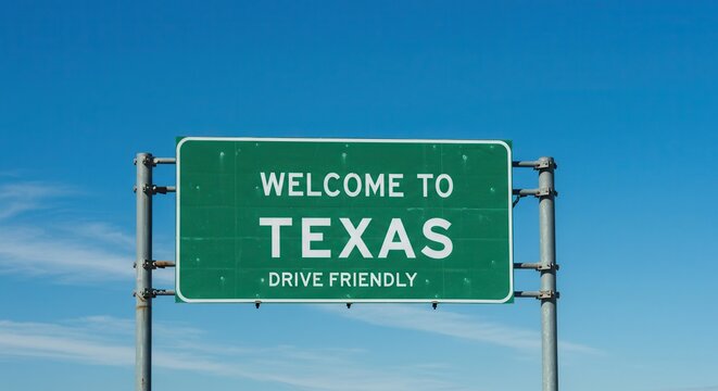 Welcome to Texas Sign Against Blue Sky Promotes Safe Driving