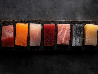 Assorted cured fish fillets with diverse textures and colors on a dark stone slab.