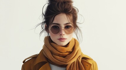 Fashionable woman in a mustard scarf, sunglasses, and trench coat on a neutral background.