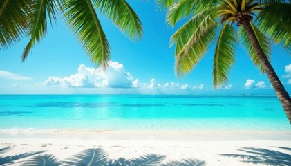 Azure sea laps white sand, palm fronds sway gently in breeze, waves, ocean view