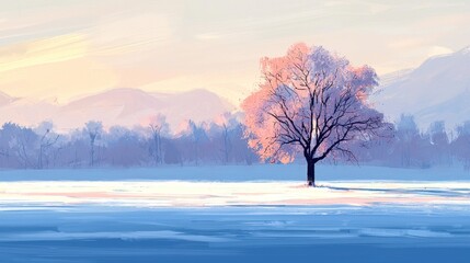 Naklejka premium Solitary frost-covered tree in snowy field at sunrise, mountain backdrop.