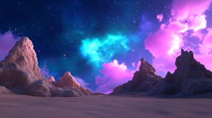 Obraz premium Alien landscape at night under vibrant aurora