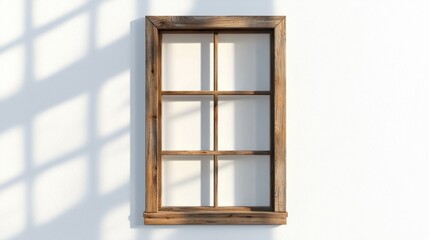 Rustic wooden window frame on white wall with sunlight.