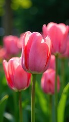 Fototapeta premium Close-up pink tulips, full bloom, verdant garden setting, closeup shot, nature, photography