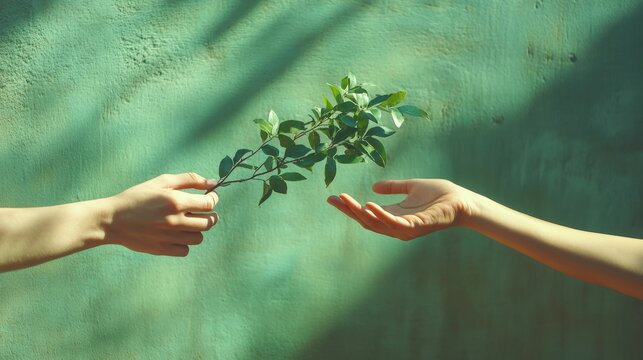 Hands passing a small sapling to another person, symbolizing sustainability and care, bright green background with soft shadows,