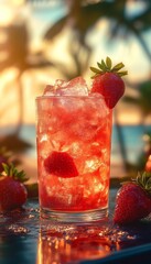 strawberry artisan cocktail in a glass on the beach