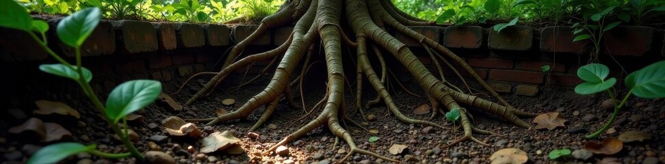 Deep crevices, roots embedded; leafy tendrils, earthy tones, aged brick, weathered, flora, plant texture