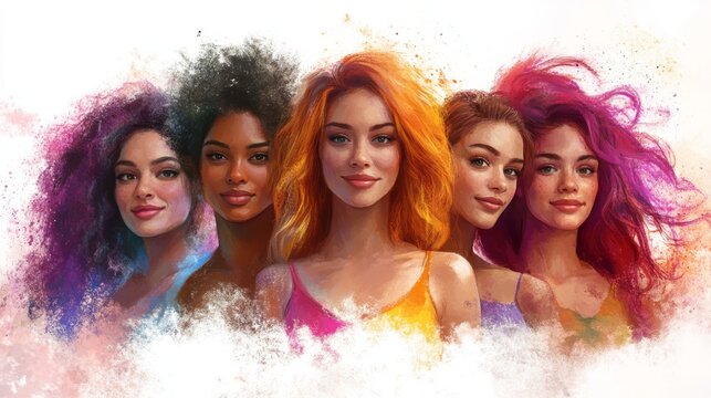 A vibrant group of five women with diverse hairstyles and skin tones, standing together with bright smiles