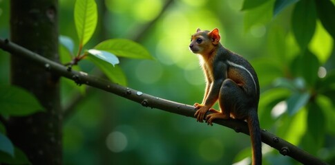 Ecuadorian squirrel monkey perched on a jungle vine, alert and watchful, vine, primate