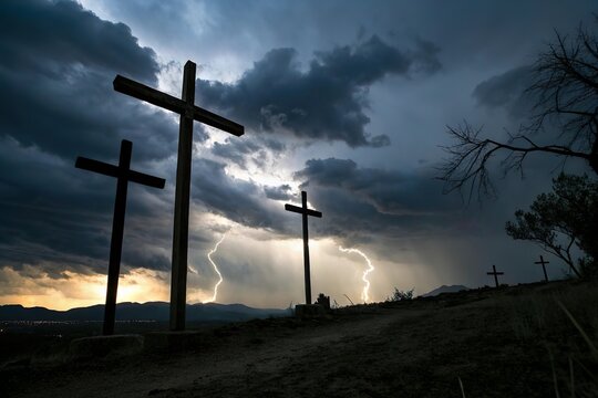 Three crosses on hill with stormy sky and lightning. Good friday crucifixion