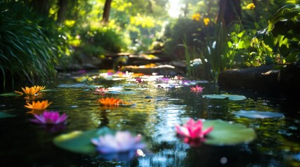 Serene natural stream with vibrant flowers floating on the water surface in a tranquil forest setting