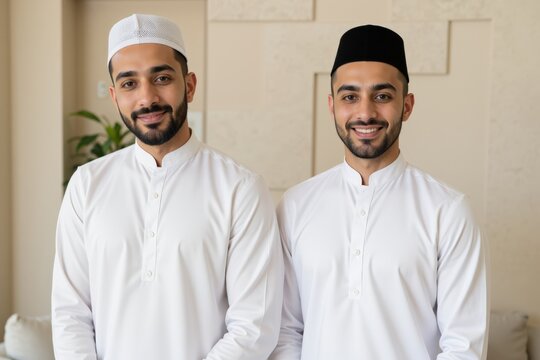 Two Young Middle-Eastern Men in Traditional White Attire with Caps, Standing Together in a Bright Indoor Space, Smiling and Engaging with the Camera