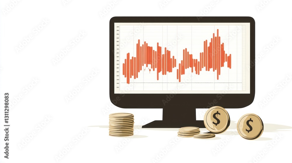 Poster computer screen displaying stock market graph with coins. stock trading