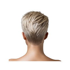 Naklejka premium A stylish short haircut featuring a blonde color with textured layers and a clean nape, showcasing modern hair trends.