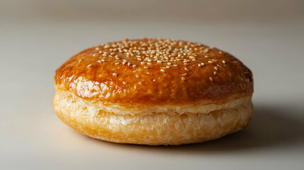 Fototapeta premium Golden sesame pastry with flaky layers. A round, glossy pastry with a crispy, golden-brown surface, topped with sesame seeds and featuring delicate, flaky layers.