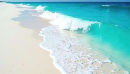 Gentle wave lapping white sand, turquoise water , blue, wave