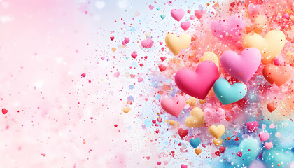 Hearts floating against a pastel bokeh background, scattered with tiny particles