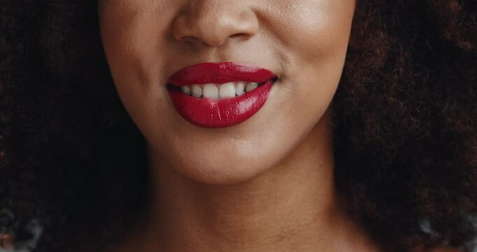 Kiss, makeup and red lipstick with closeup of woman for glow, self care and cosmetics. Shine, beauty salon and glamour with pout lips of person for aesthetic, mouth and cosmetology treatment