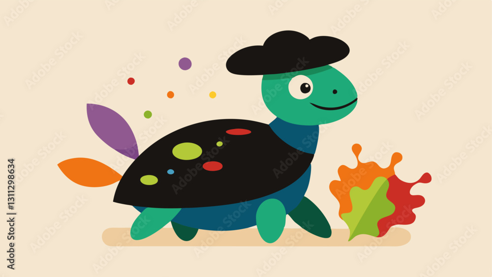 Aufkleber turtle and its masterpiece a determined turtle with a classic black beret is focused on its canvas w