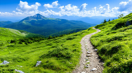 Hiker's path ascends grassy mountain under scenic, cloudy sky in natural setting