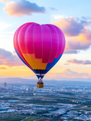 Fototapeta premium Hot Air Balloon Floating Above Cityscape at Sunset with Vibrant Clouds