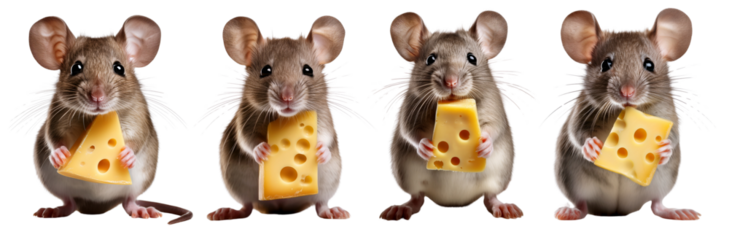 Four playful mice holding cheese, showcasing their adorable and curious nature.