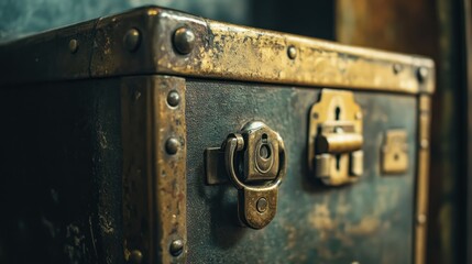 Close-up of antique metal-bound wooden chest with brass clasp and rivets.
