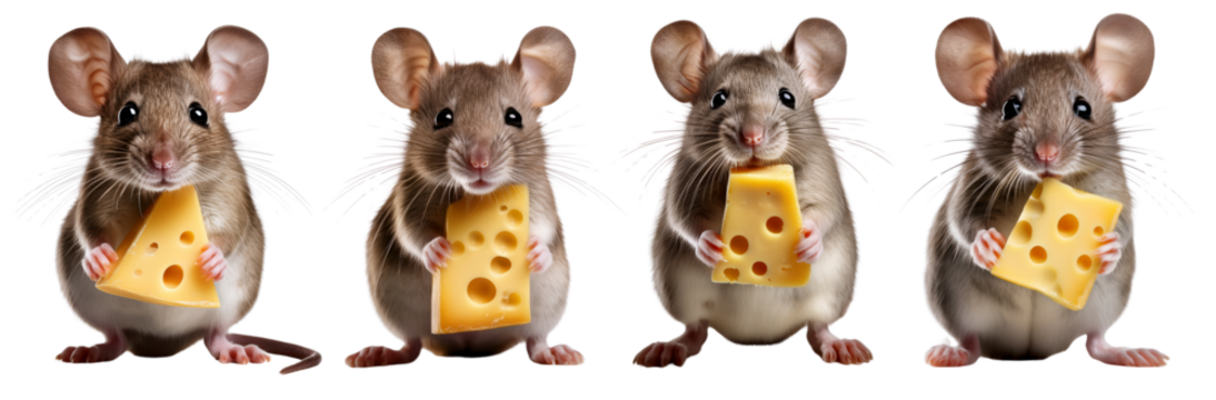 Four playful mice holding cheese, showcasing their adorable and curious nature.