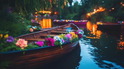 Obraz premium Vintage wooden boats adorned with flowers docked by the riverbank