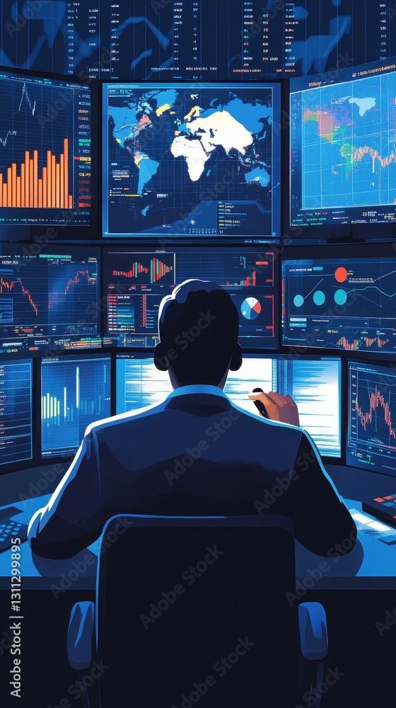Poster a man is sitting in front of a computer monitor with a map of the world on the s