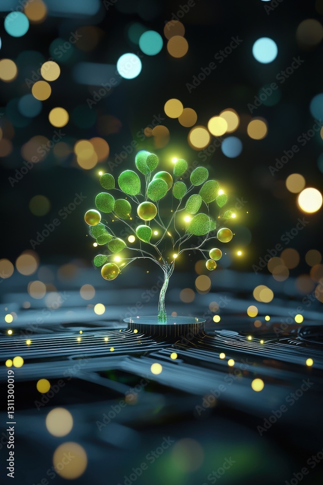 Poster a digitally rendered tree with glowing fruits symbolizing technology and nature.