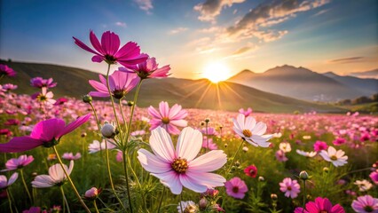 Fototapeta premium Cosmos Flower Field Landscape, Autumn Nature Background, Rule of Thirds Photography