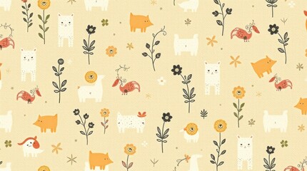 Cute Animal and Floral Pattern on Beige Background for Textile Design